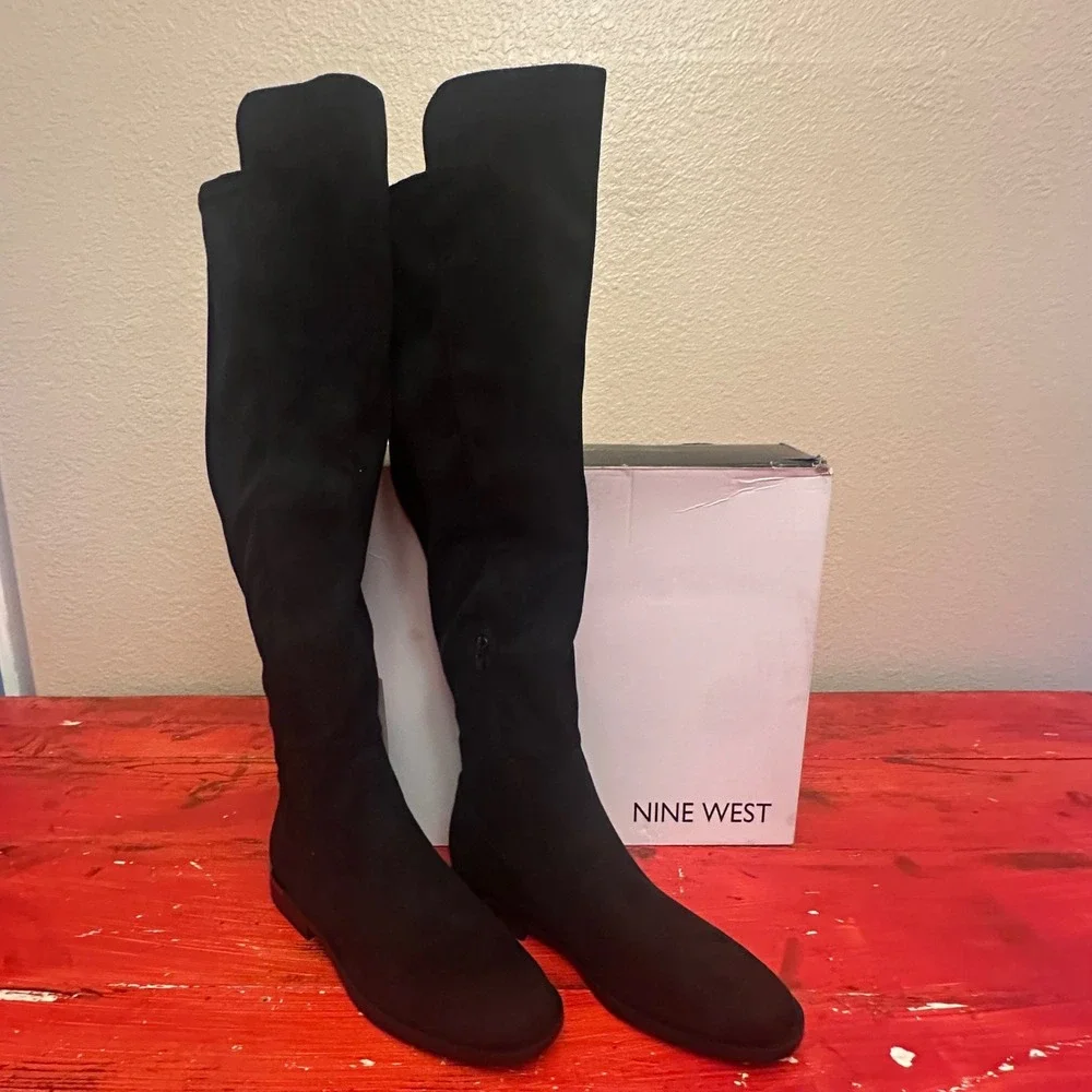 Nine West Allair2-WC Black Wide Calf Tall Boots Womens 9.5 Faux Suede Flat Heel
